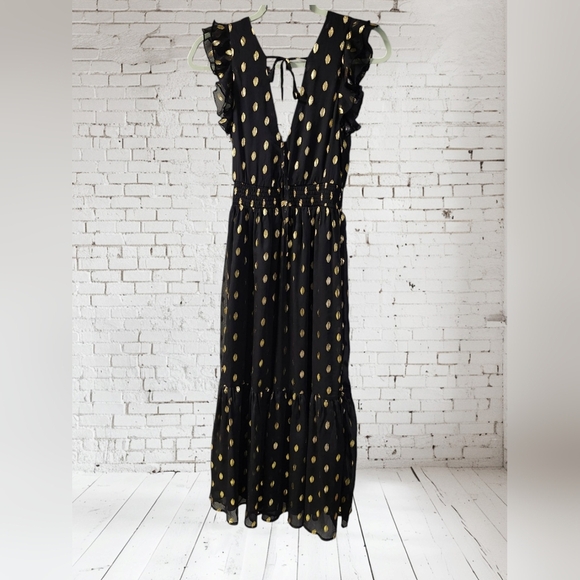 Lulus Cause to Celebrate Black and Gold Dot Ruffled Tiered Midi Dress Sz XS - Picture 4 of 6